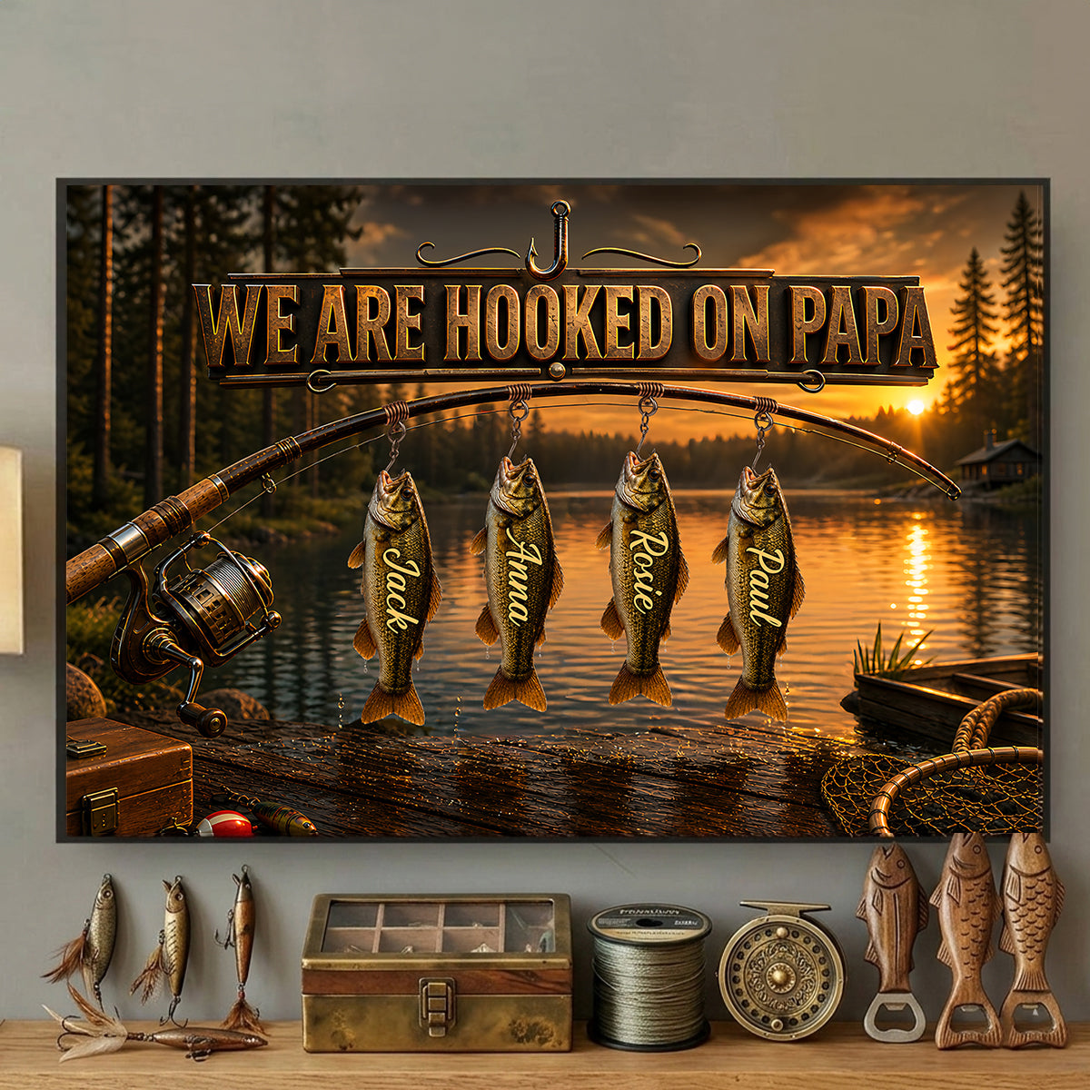 We Are Hooked On Papa Fishing - Personalized Poster - Father's Day Gift For Dad, Husband