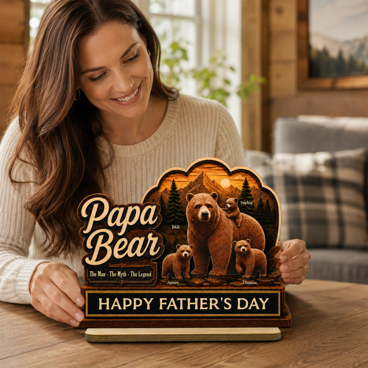 Papa Bear The Man The Myth The Legend 2D Flat - Personalized 2-Layered Wooden Plaque -  Gift For Husband, Dad