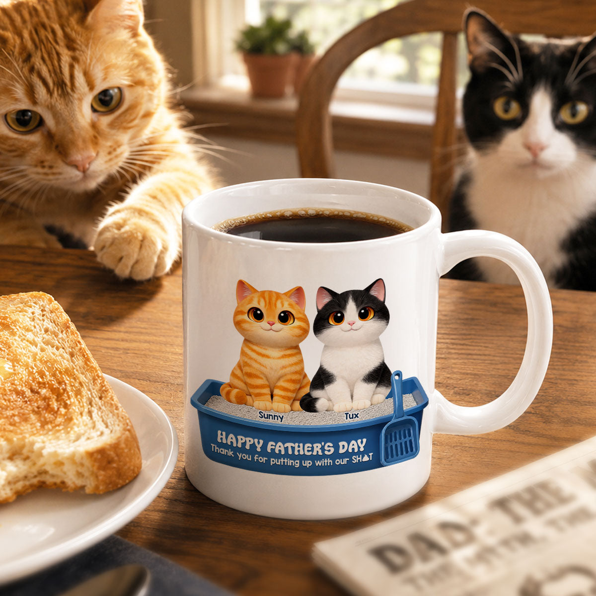 Cute Fluffy Cats Happy Father's Day Thanks For Feeding And Scooping Poo - Personalized Mug - Funny Father's Day Gift For Cat Dad, Cat Lovers