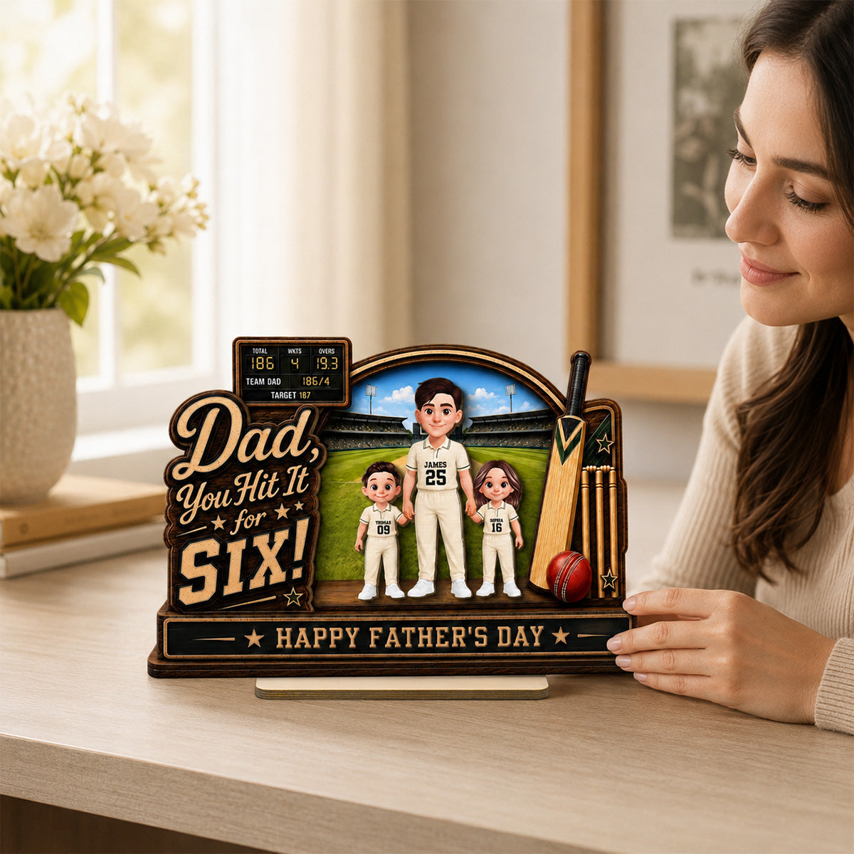 Hit A Six With The Best Dad Cricket Dad & Kids On Court - Personalised 2-Layered Wooden Plaque -  Gift For Husband, Dad