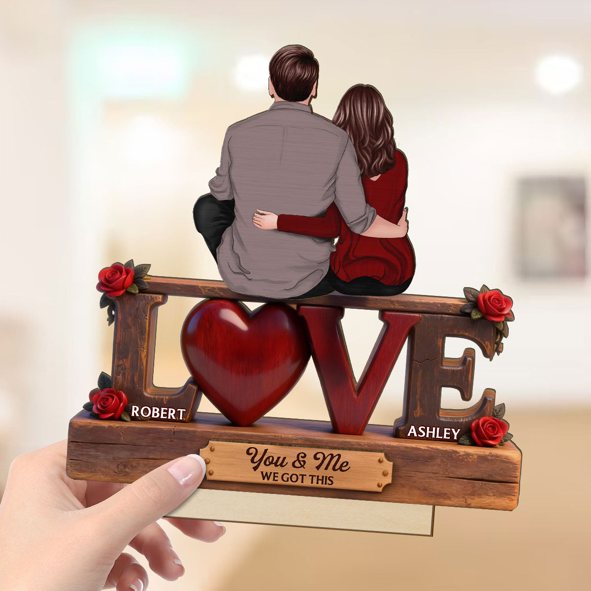 Roses LOVE Back View Couple Sitting Embracing - Personalized 2-Layered Wooden Plaque - Valentine's Day Gift For Couple, For Him, For Her
