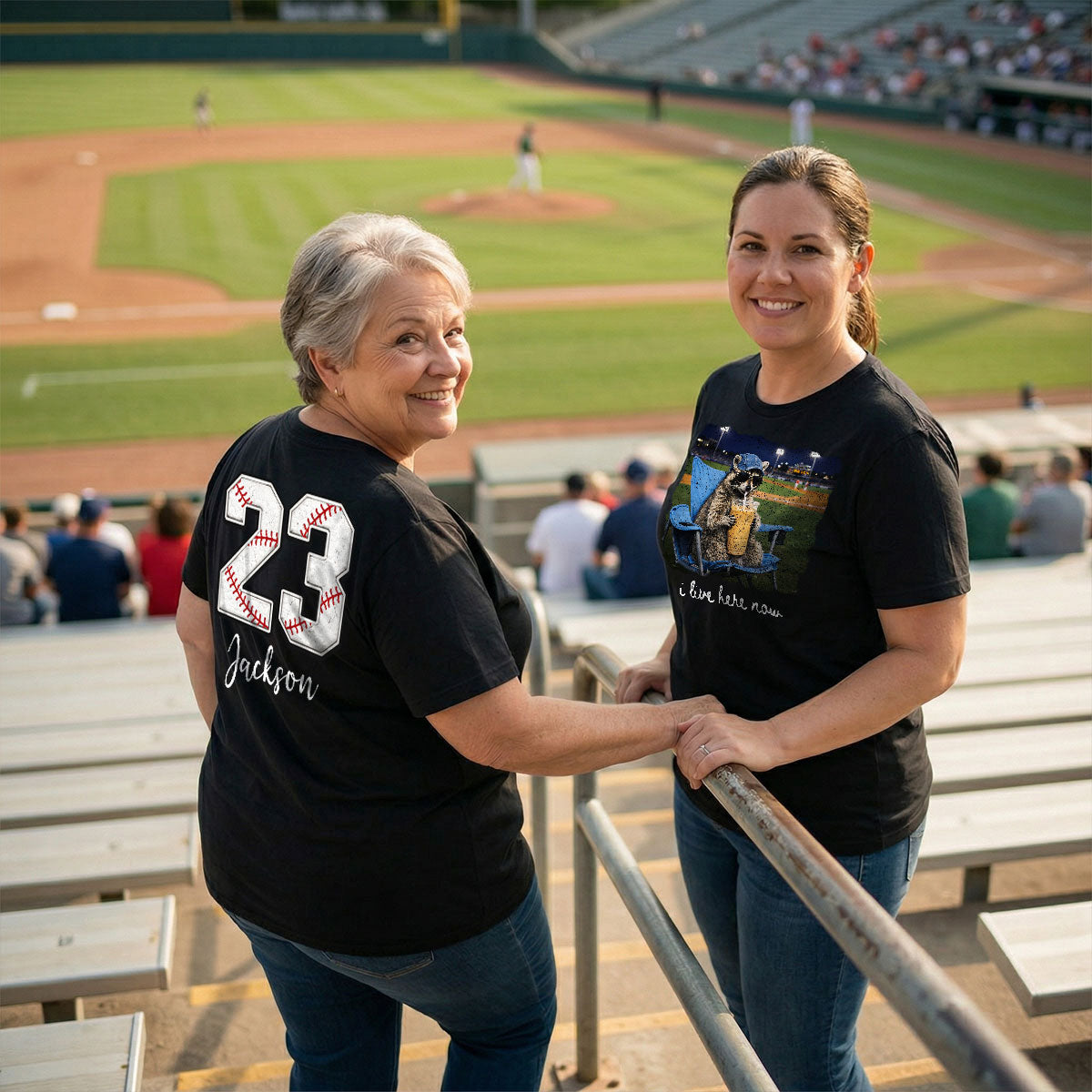 I Live Here Now Raccoon Goose On Ballfield - Personalized Double Sided Shirt - Baseball Softball Grandma Mom