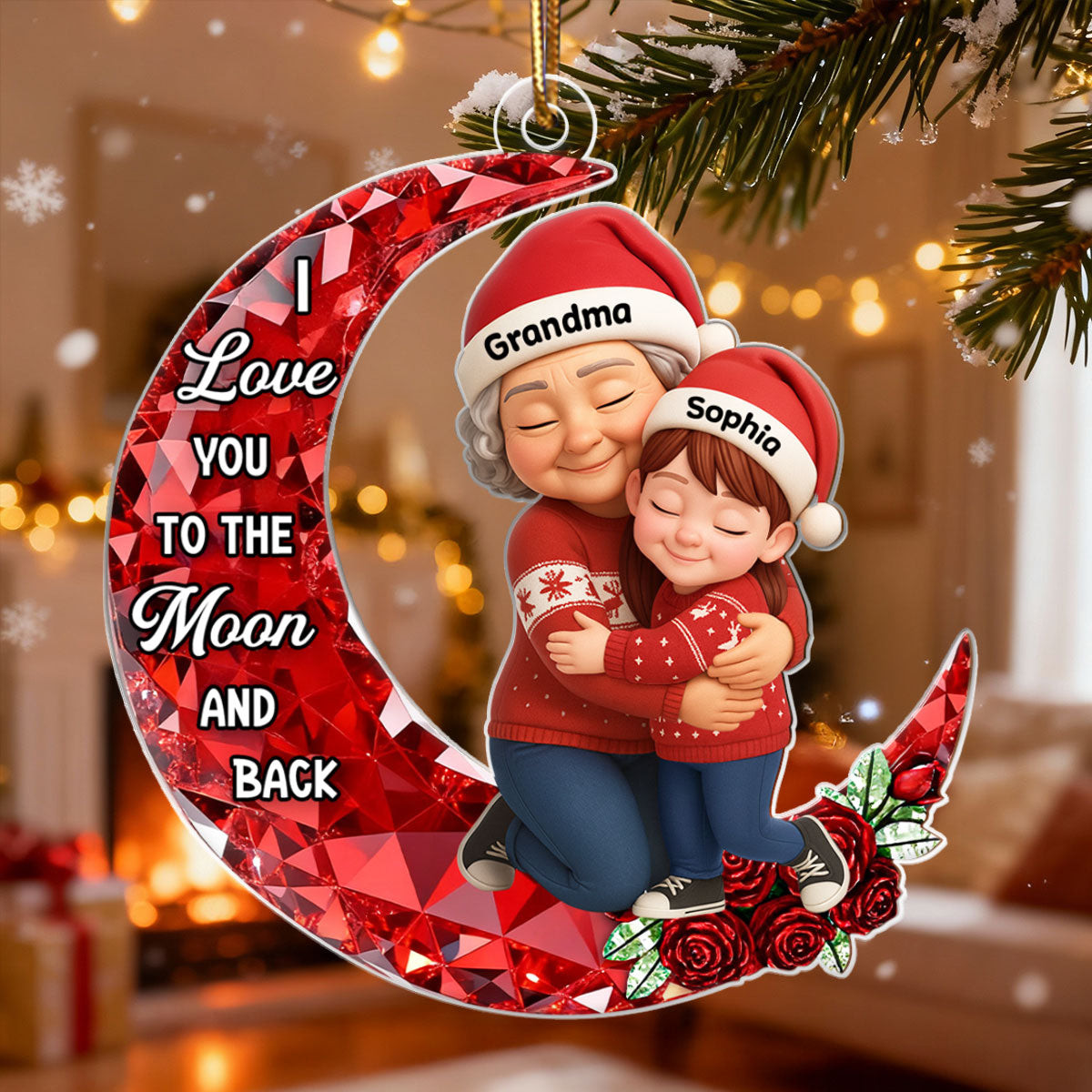 3D Crystal Effect Grandma Grandkid Love to the Moon - Personalized Acrylic Ornament - Christmas Gift for Grandma, Grandkids