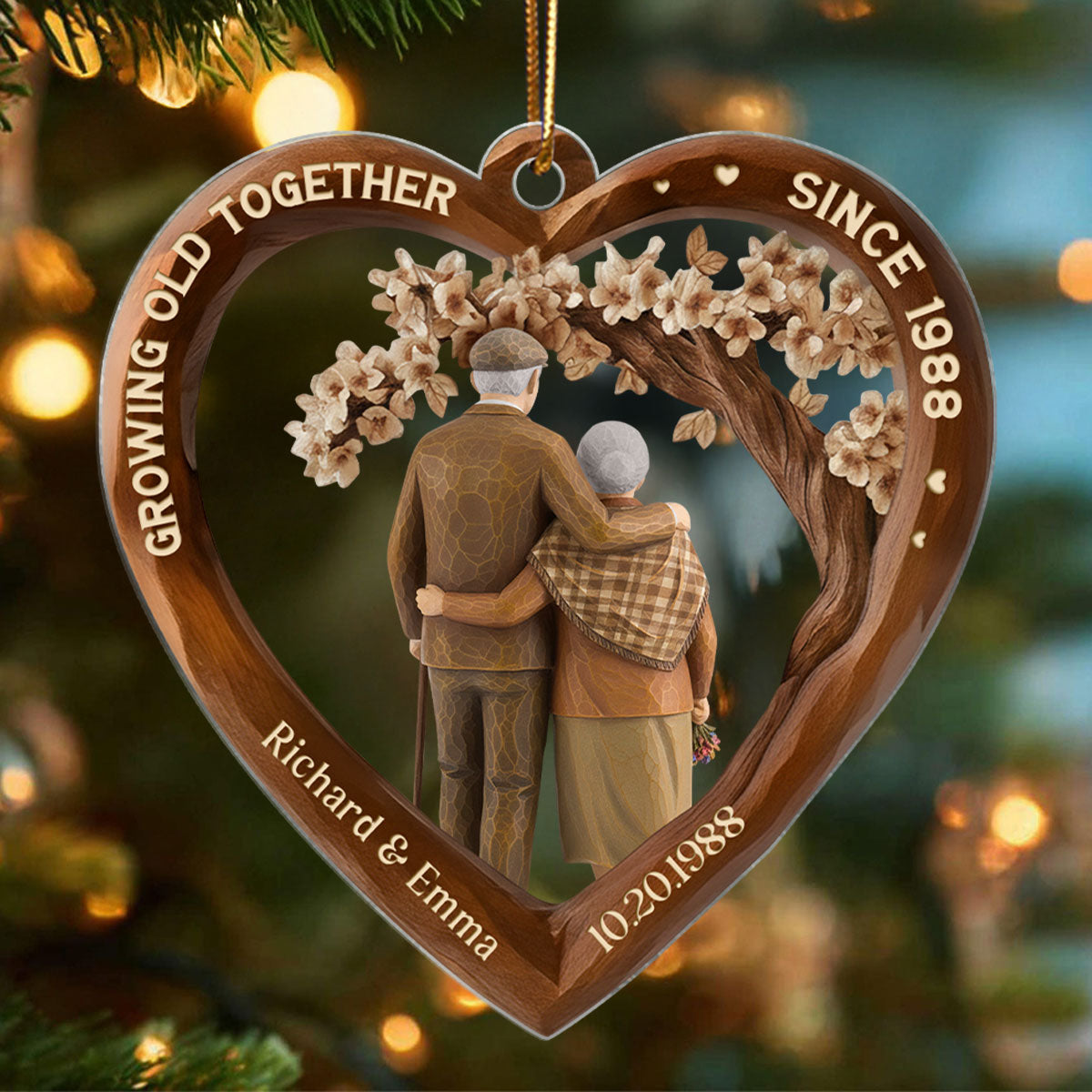 Growing Old Together Couple 3D Wooden Effect - Personalized Acrylic Ornament - Christmas Gift for Couples