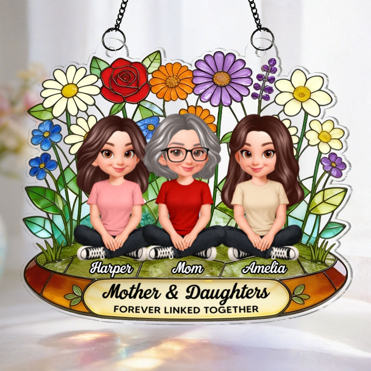 Flower Garden Mom And Son Daughter Forever Linked Together - Personalized Suncatcher Ornament - Gift For Mom