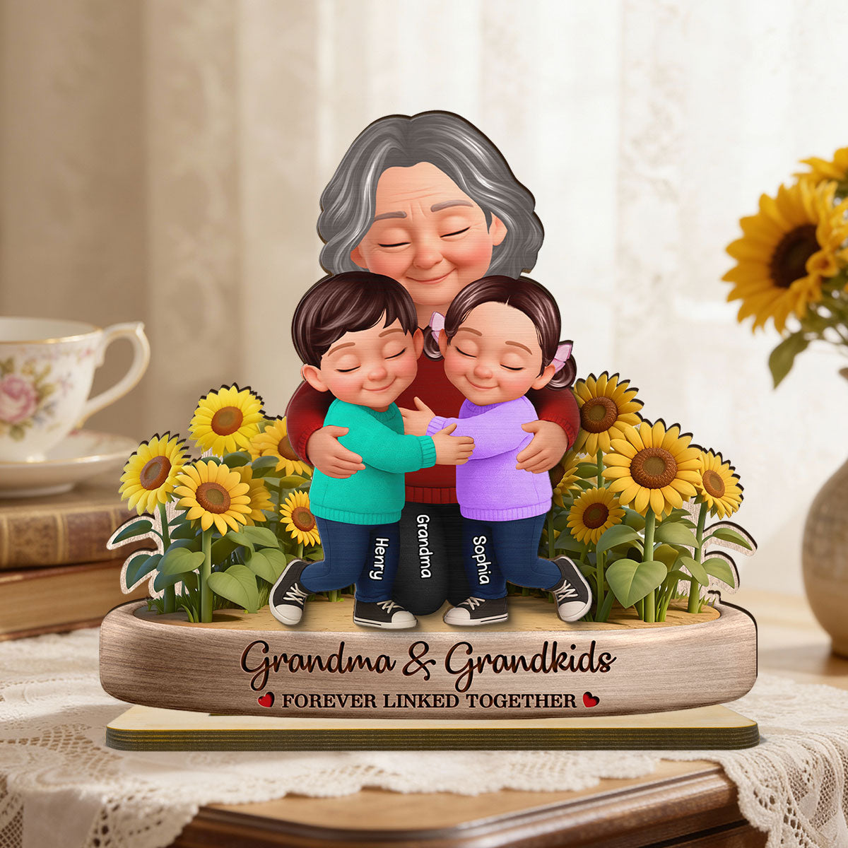 Grandma And Grandkids Forever Linked Together Sunflower Field - Personalized 2-Layered Wooden Plaque - Gift For Grandma