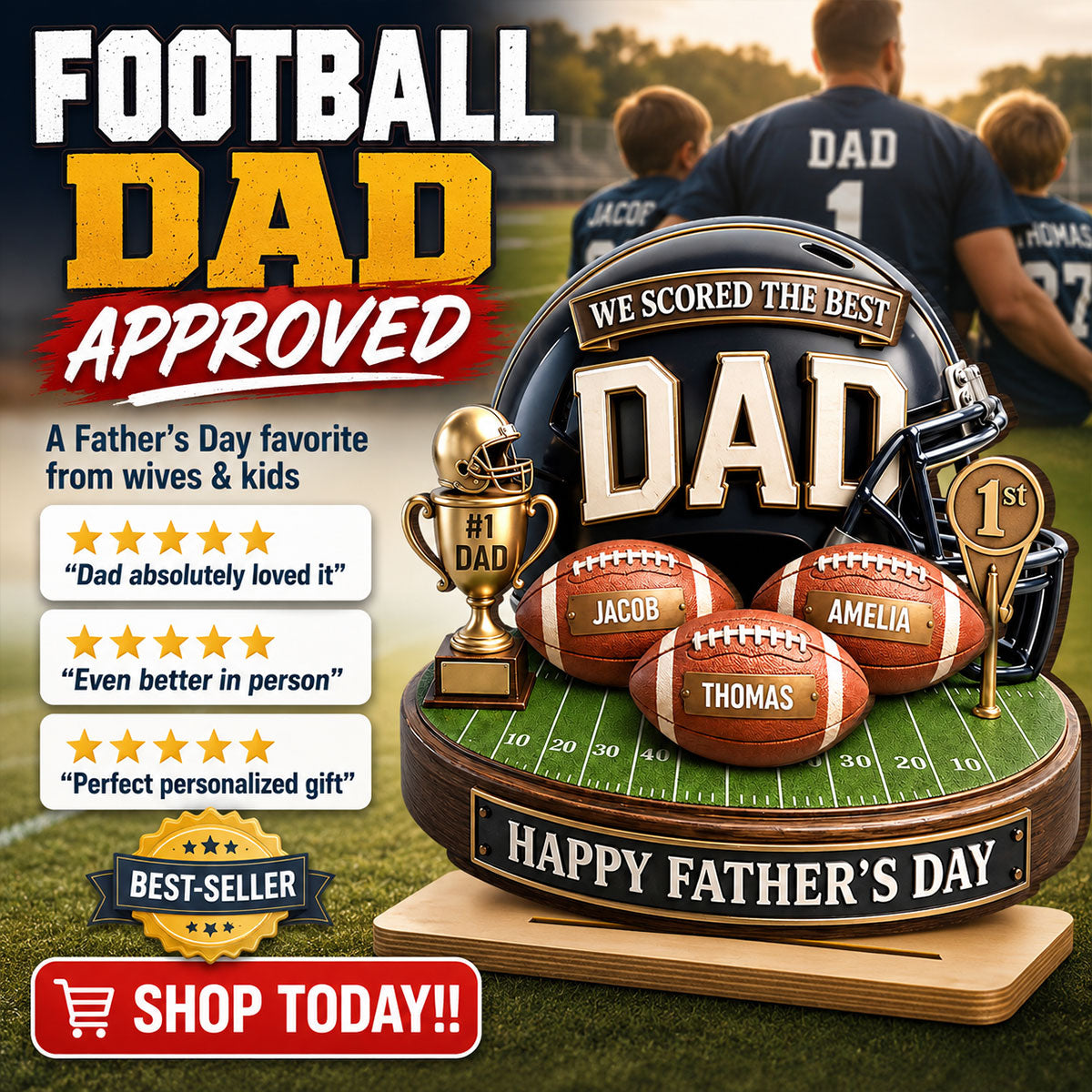 We Scored The Best Dad American Football Trophy - Personalized 2-Layered Wooden Plaque - Heartfelt Gift For Football Dad, Gift For Husband