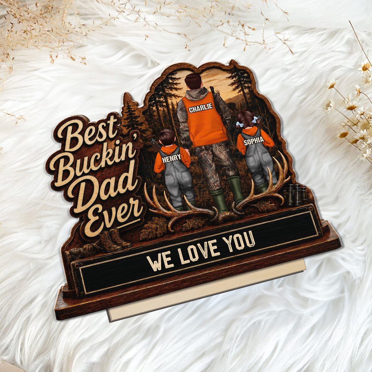 Best Buckin' Dad Papa Ever Hunting Man & Kids 2D Flat - Personalized 2-Layered Wooden Plaque -  Gift For Hunting Dad, Grandpa