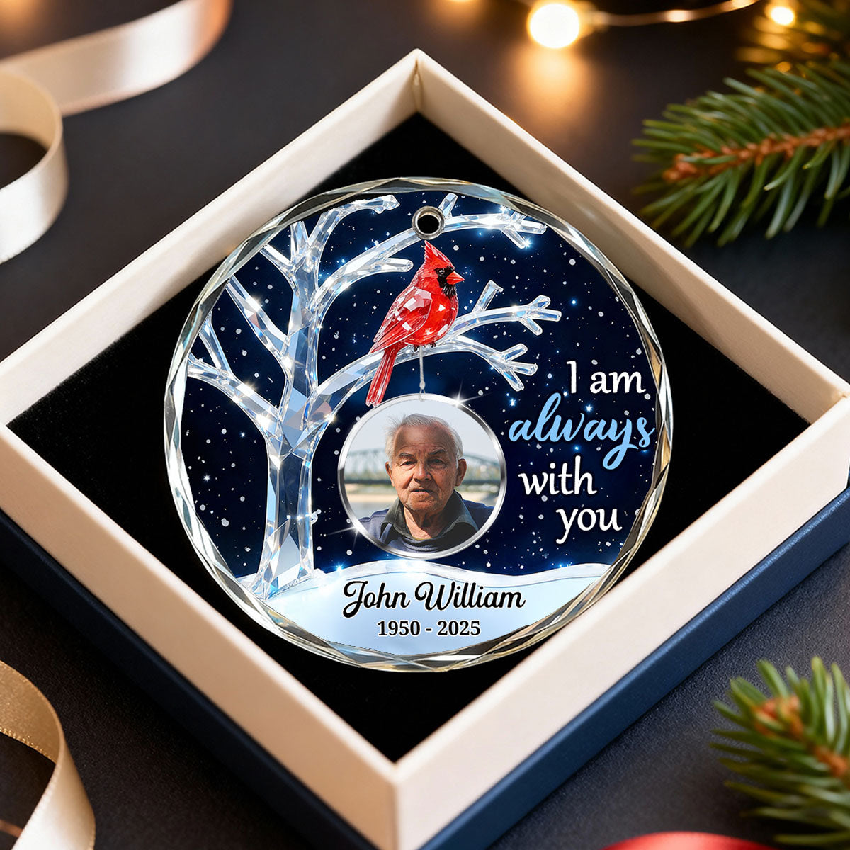 3D Crystal Effect Memorial Winter Tree Cardinals Upload Photo - Personalized Glass Ornament - Remembrance Gift, Sympathy Gift