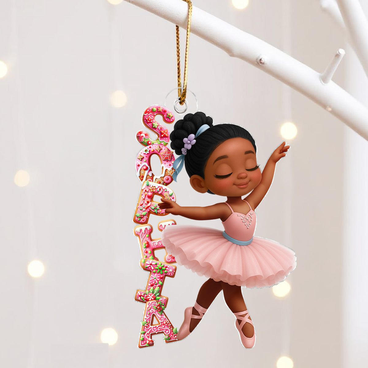 Little Girl Balletina Dance Custom Name Pink Gingerbread Pattern - Personalized Acrylic Ornament - Heartwarming Christmas Gift For Kid