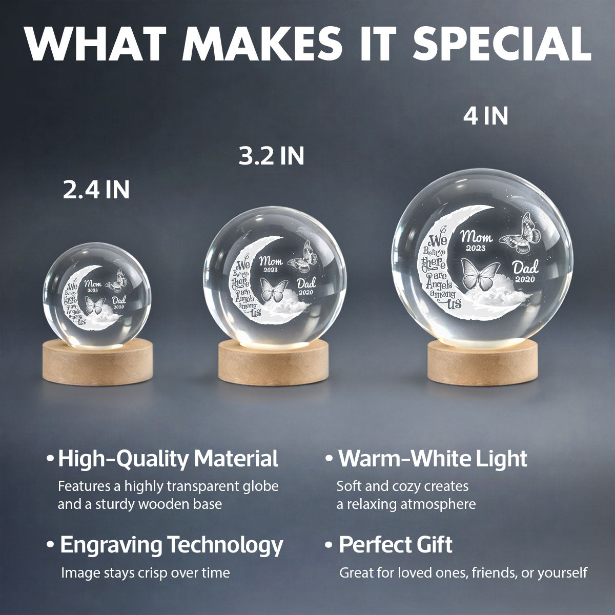 We Believe There're Angels Among Us - Personalized Crystal Ball LED Night Light - Heartfelt Remembrance Memorial Keepsake