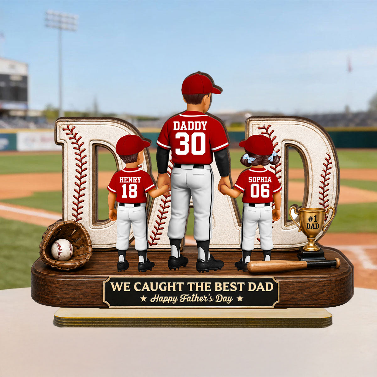 No 1 Baseball Dad Legend We Caught The Best Dad - Personalized 2-Layered Wooden Plaque -  Gift For Dad, Husband