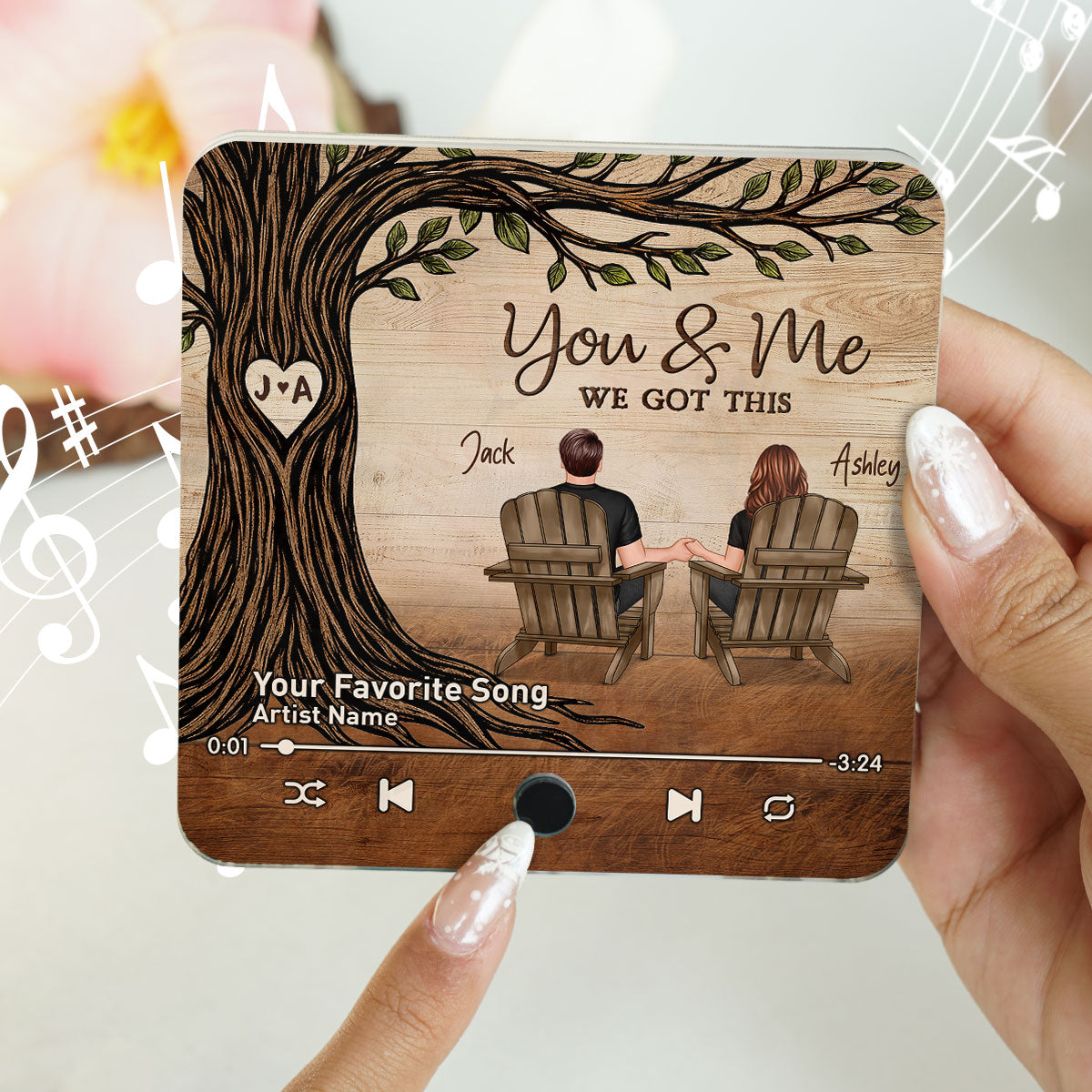 Couple Sitting Under Heart Carved Tree - Personalized Music Fridge Magnet - Valentine's Day Gift For Couple