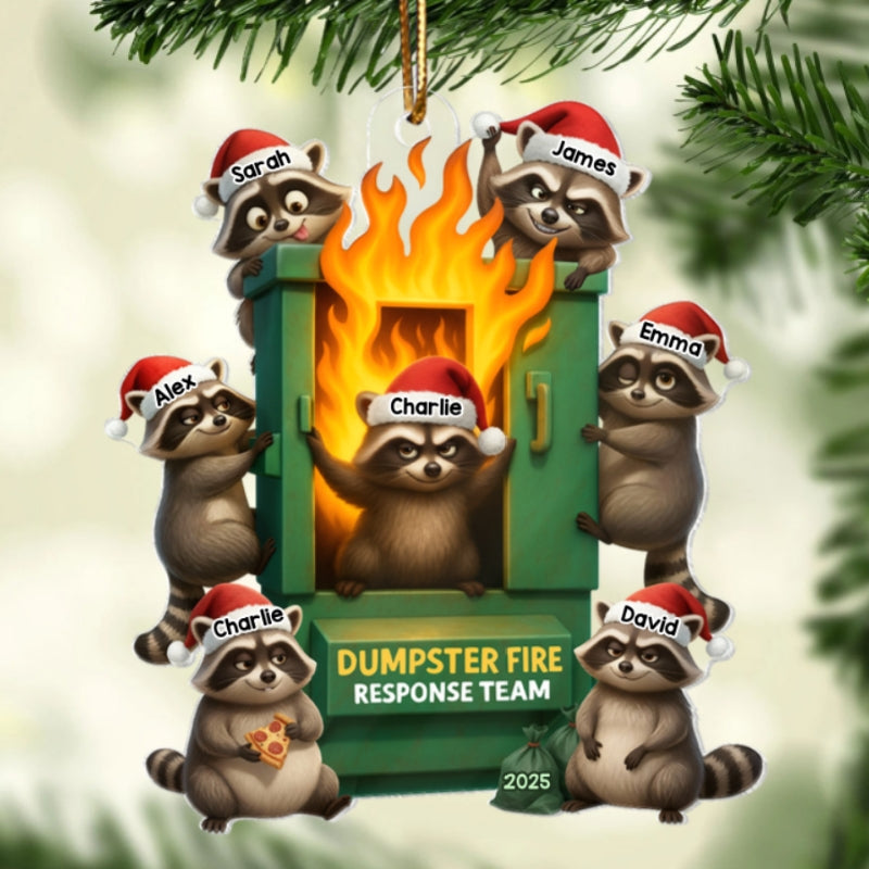Cunning Raccoon Office Chaos Dumpster Fire Response Team - Personalized Acrylic Ornament - Funny Holiday Gift for Coworkers