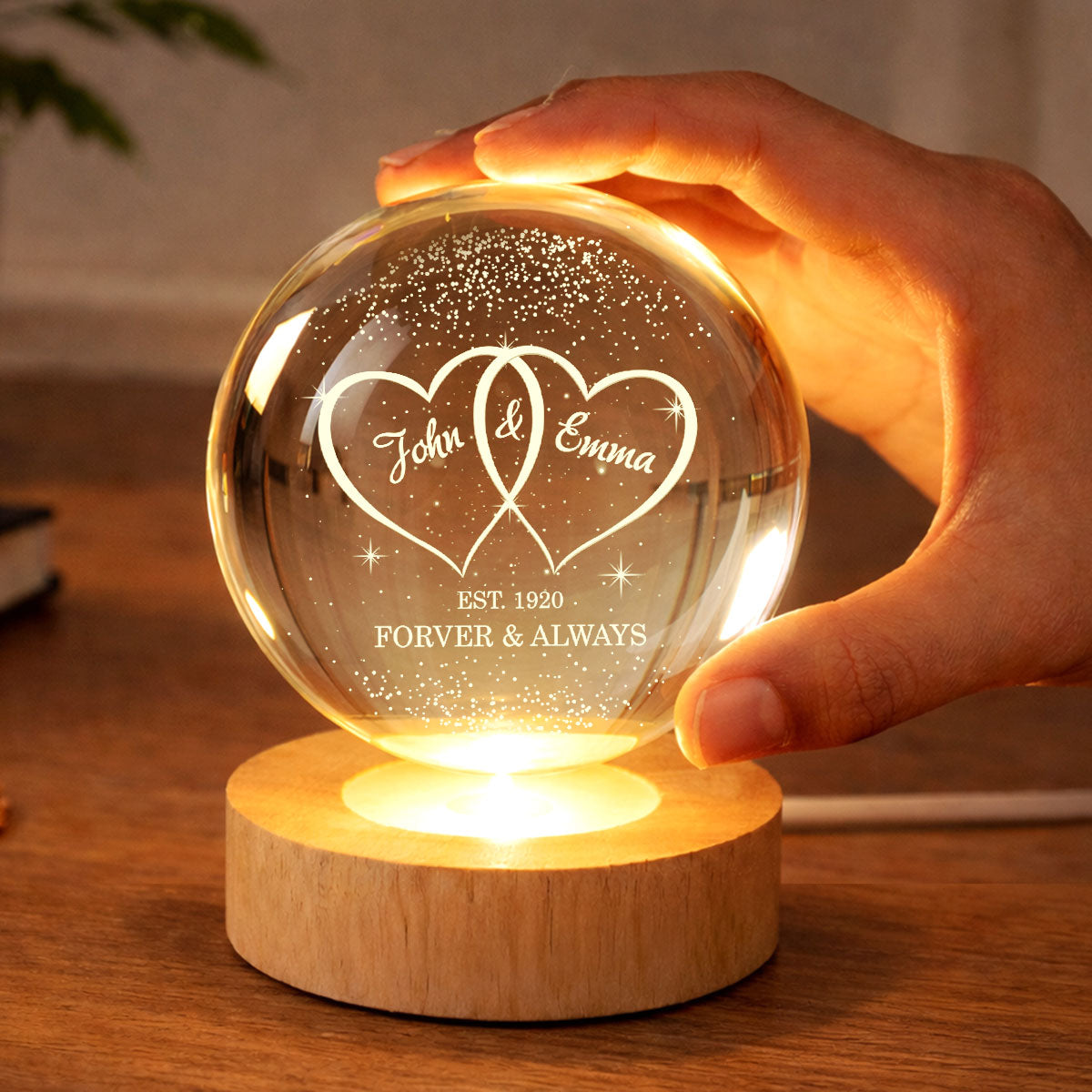 Couple Hearts Interlocked - Personalized Crystal Ball LED Night Light - Heartfelt Valentine's Day Gift for Her, for Him