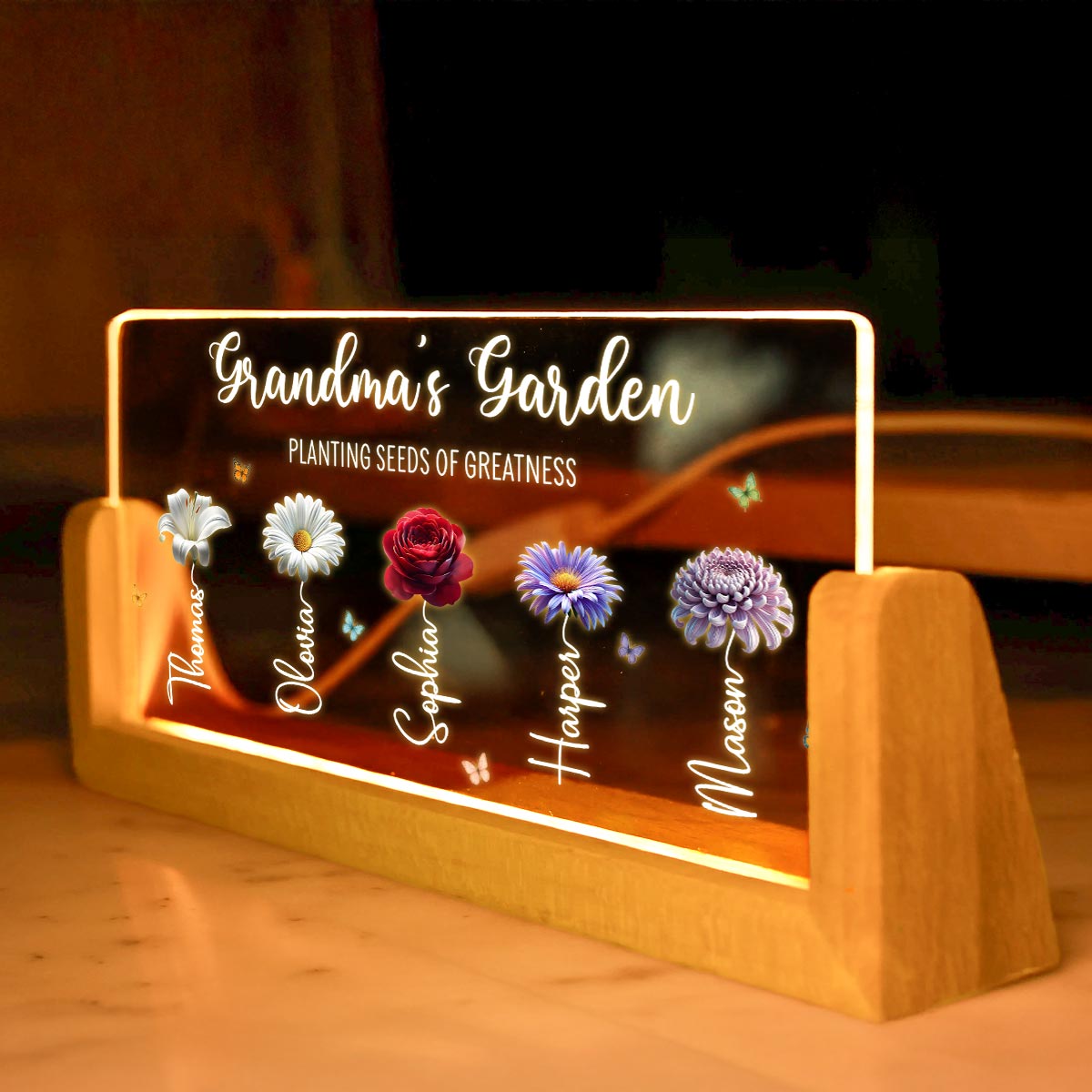 Grandma's Garden Custom Birth Month Flowers - Personalised Acrylic Plaque LED Night Light - Gift For Grandma