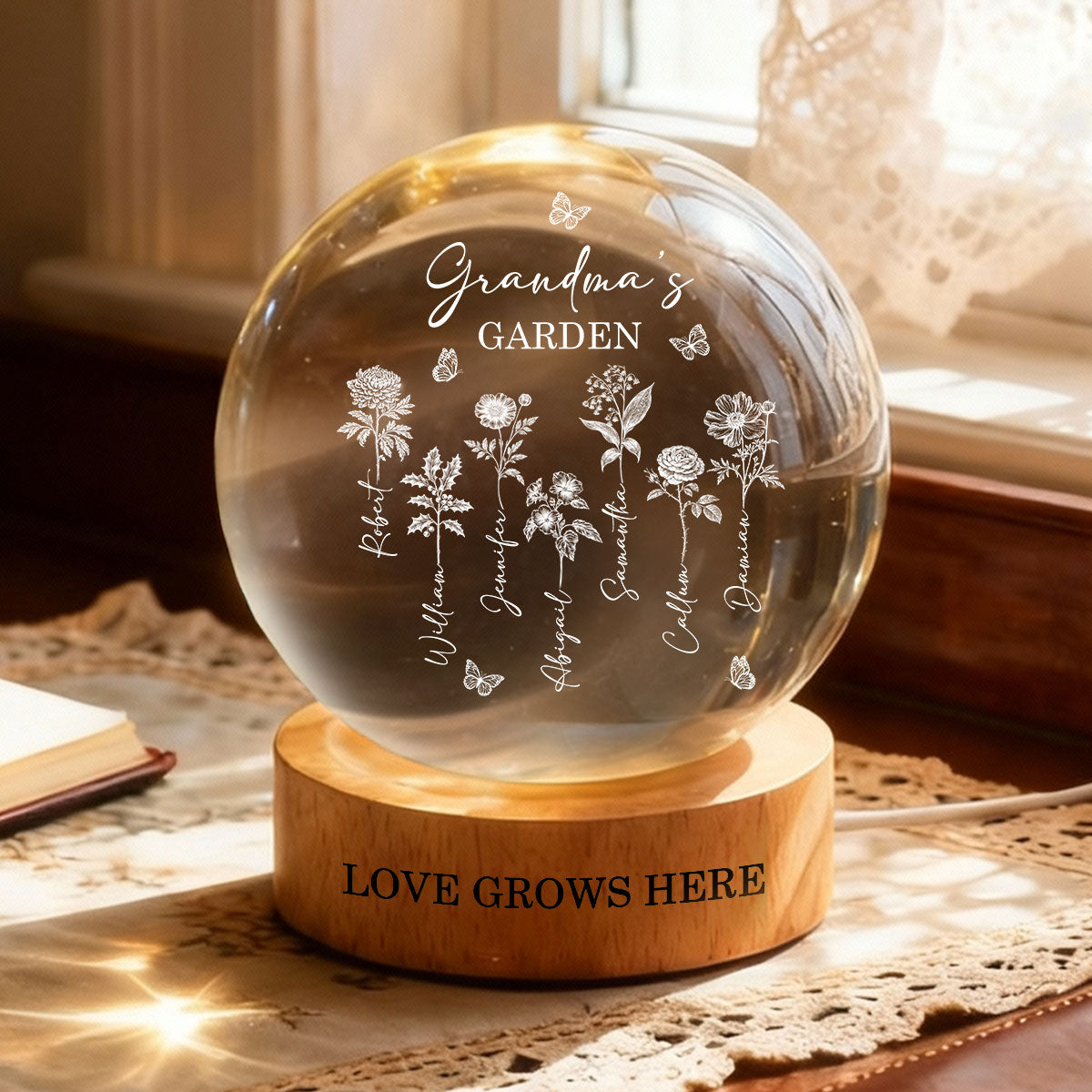 Grandma's Garden - Personalized Crystal Ball LED Night Light - Custom Birth Month Flowers, Heartfelt Gift for Grandma, Mom