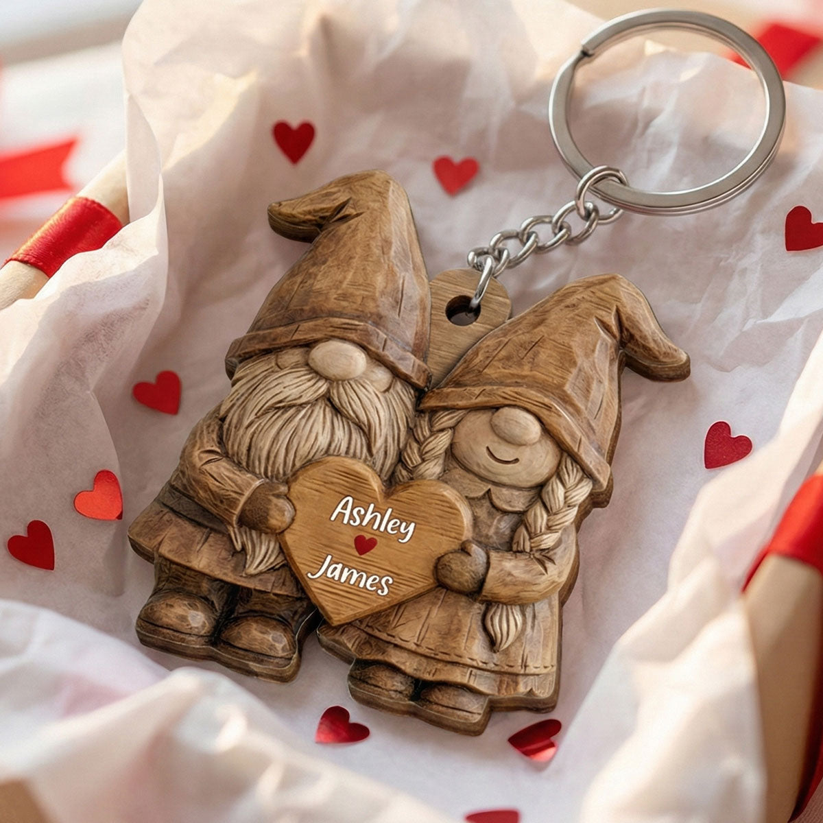 3D Effect Gnome Couple Standing - Personalized Wooden Keychain - Anniversary, Valentine's Day Gift For Him, Gift For Her