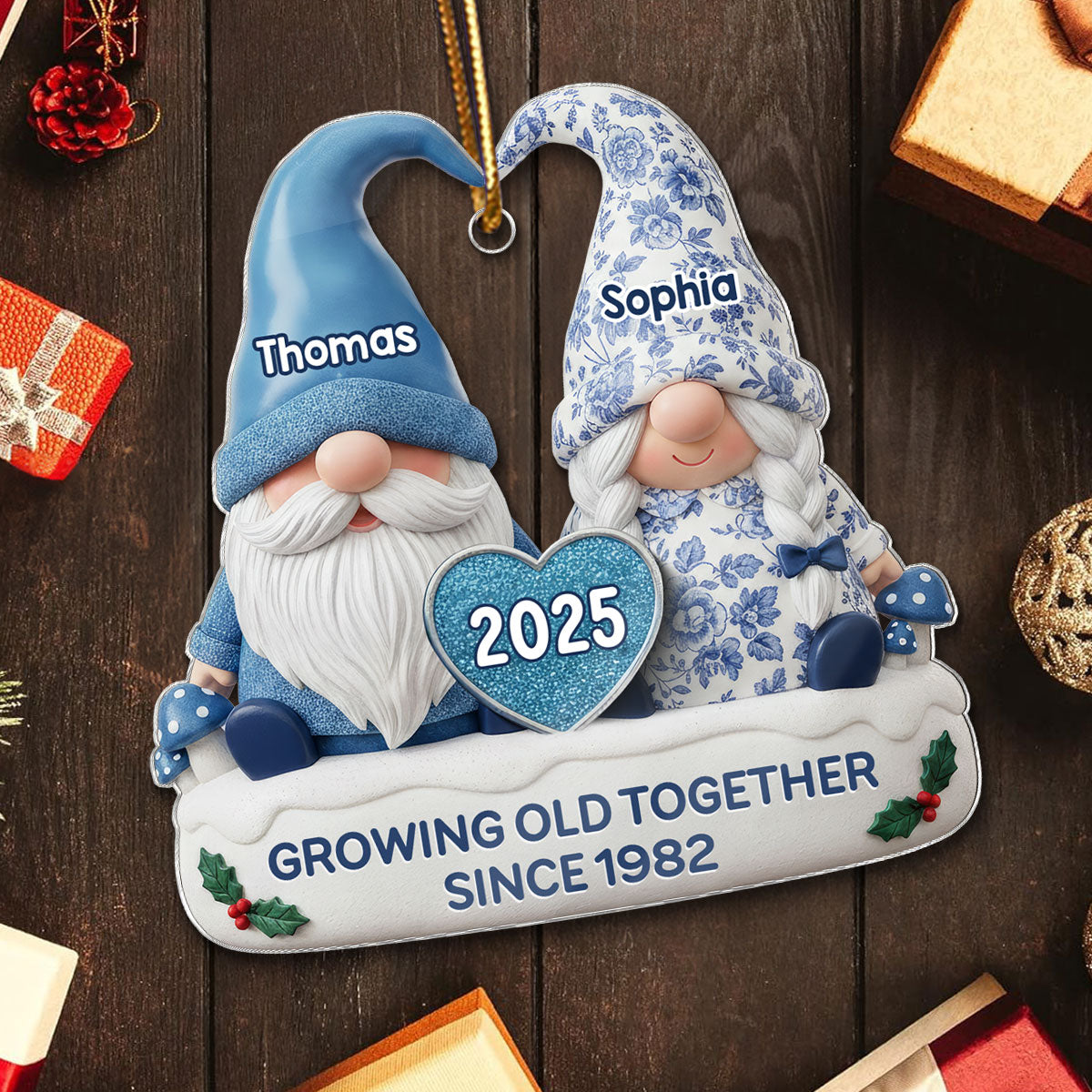 3D Effect Vintage Floral Toile De Jouy Pattern Gnome Couple - Personalized Acrylic Ornament
