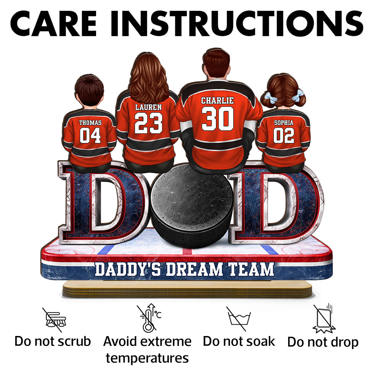 Hockey Dad Family Sitting Back View - Personalized 2-Layered Wooden Plaque - Heartfelt Gift For Hockey Dad, Gift For Husband, Gift For Family