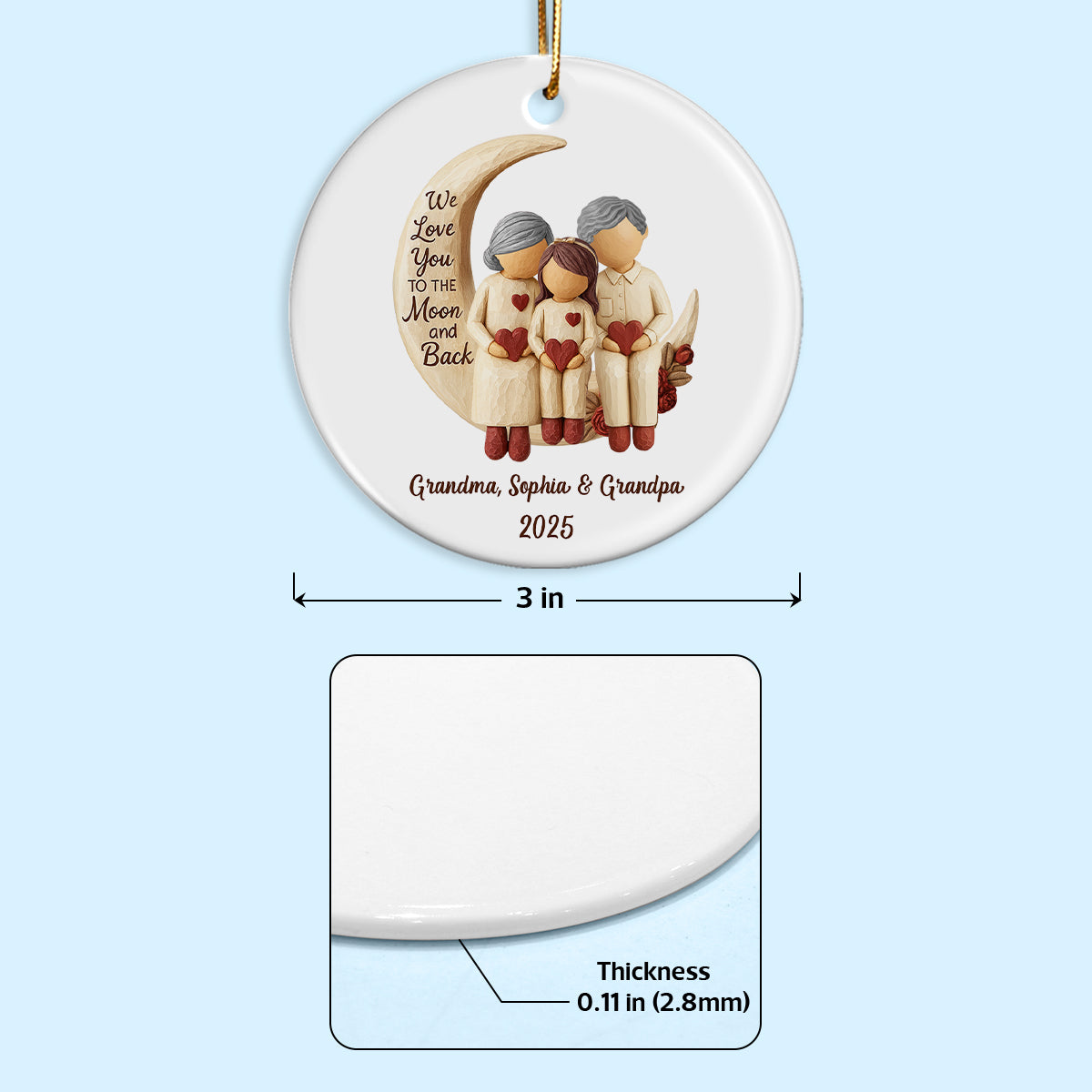 Grandma Grandpa Love You to the Moon & Back - Personalized Ceramic Ornament - Christmas Gift for Grandparents, Granchildren