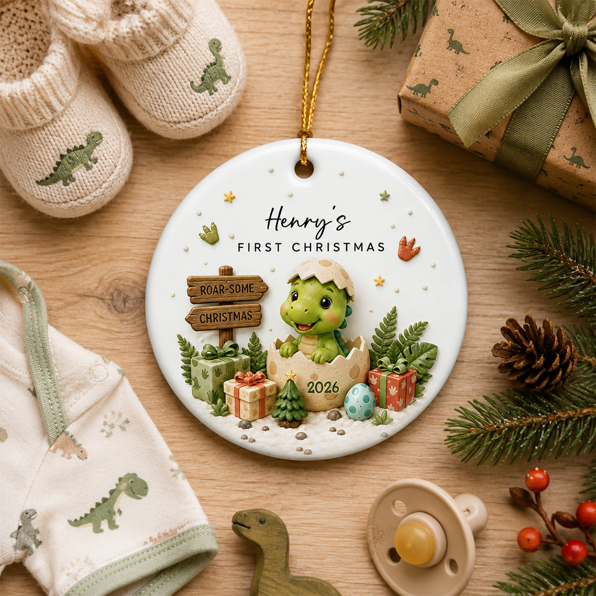 Baby Dinosaur First Christmas 2D Flat - Personalized Ceramic Ornament - Christmas Keepsake