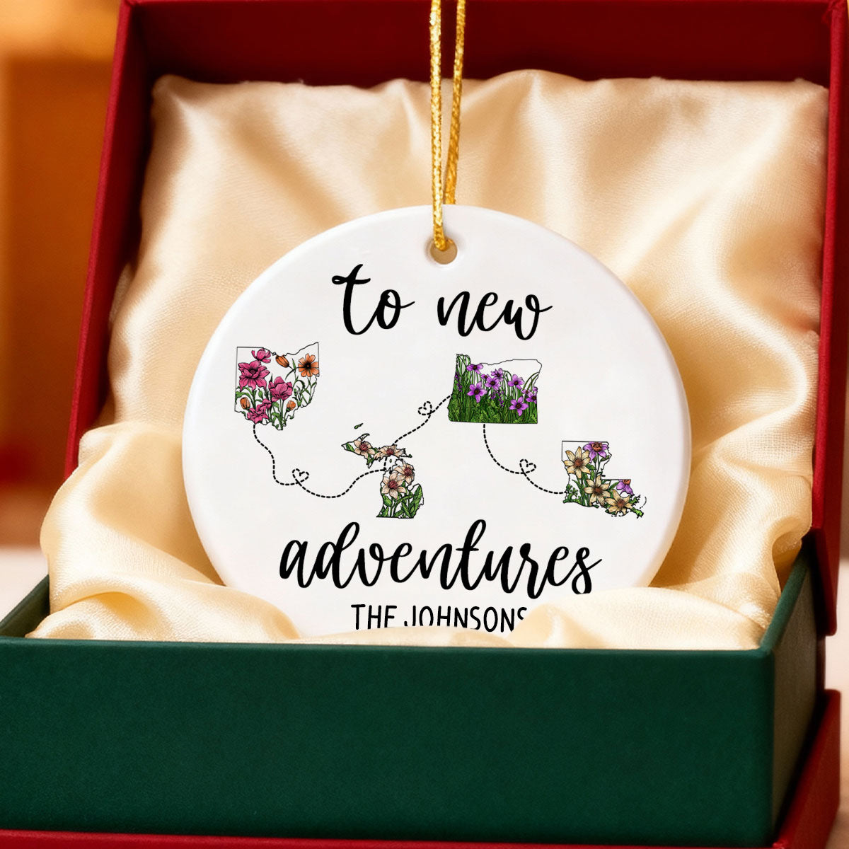 To New Adventures Cross Country Moving - Personalized Ceramic Ornament - Christmas Moving Away Gift