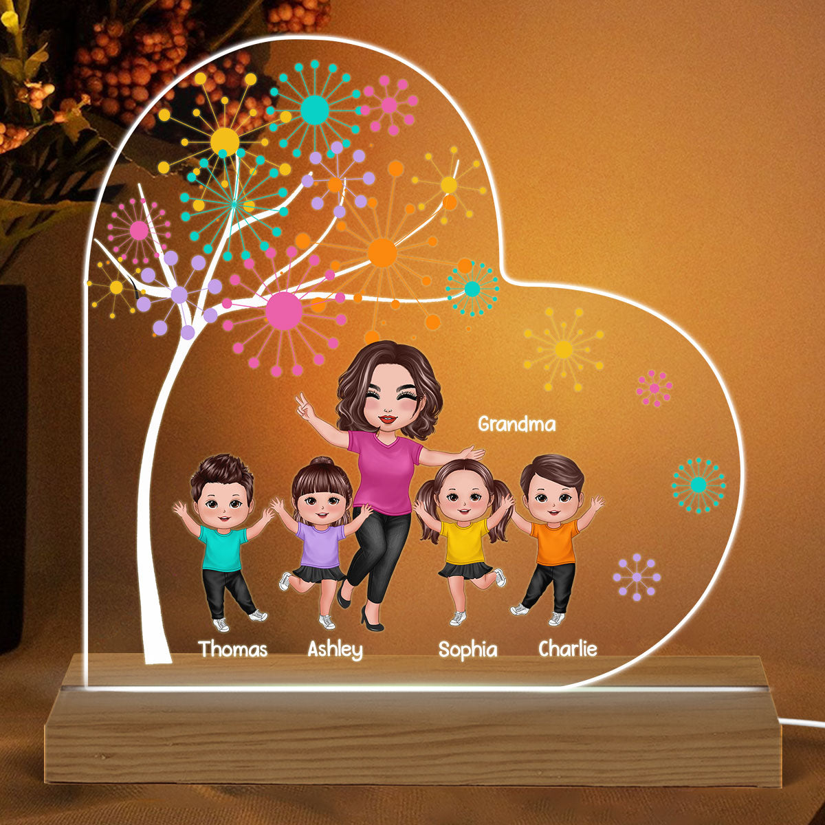 Happy Doll Grandma Kids Colorful Dot Tree Personalized Warm Acrylic Custom Shape LED Night Light