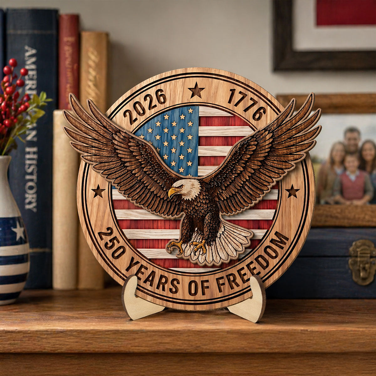 United States 250th Anniversary Eagle & American Flag - Personalized 2-Layered Wooden Plaque - America 250th Anniversary Emblem American Patriot Home Decor