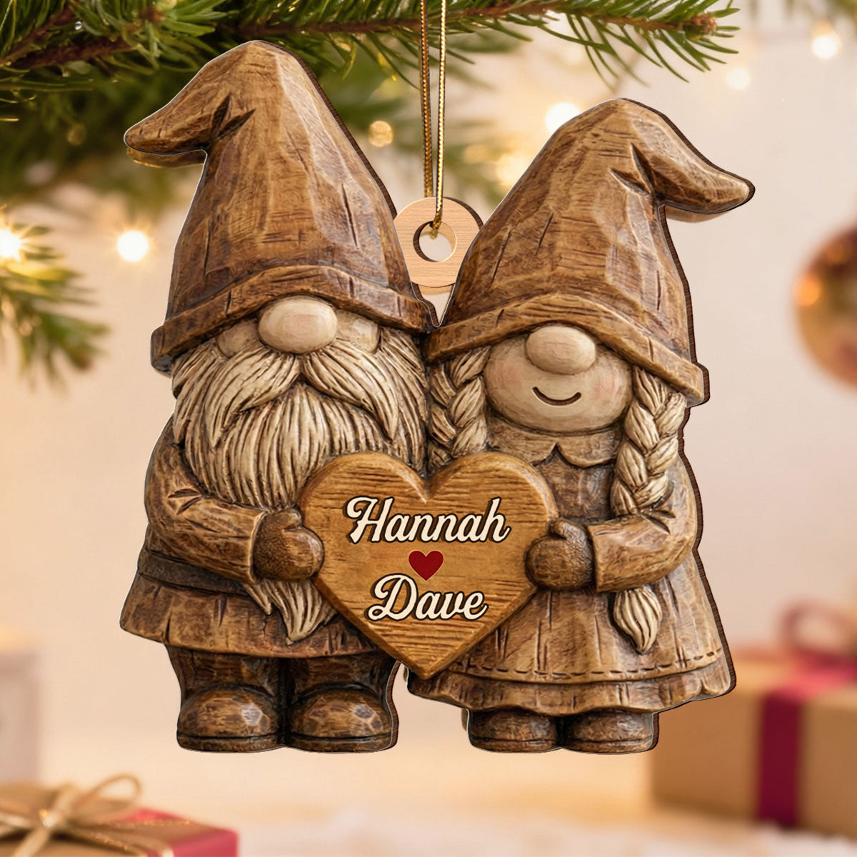 3D Effect Gnome Couple Standing - Personalized Wooden Ornament - Gift For Him, Gift For Her