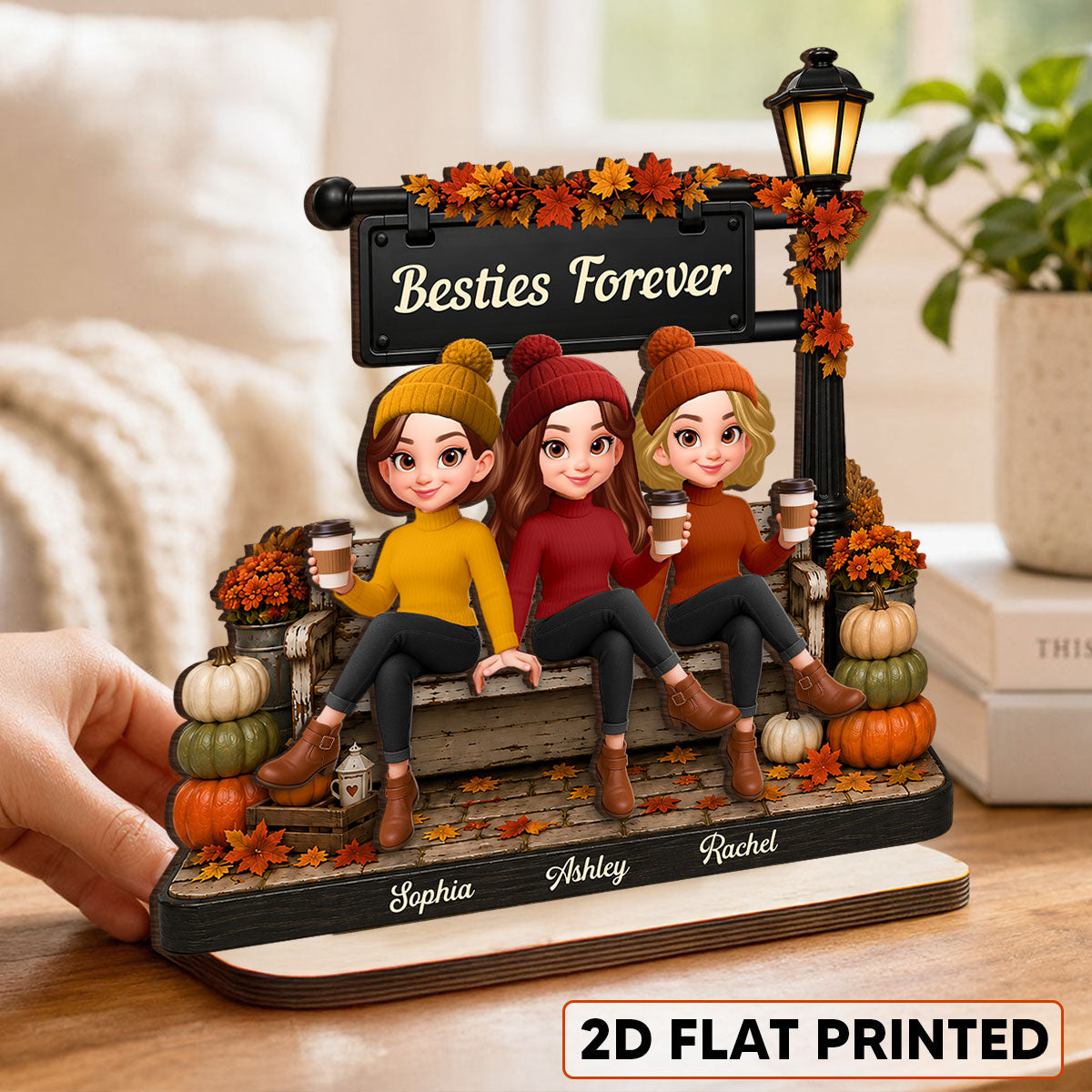 Fall Season Lamp Post Besties Forever - Personalized 2-Layered Wooden Plaque - Fall Gift For Besties
