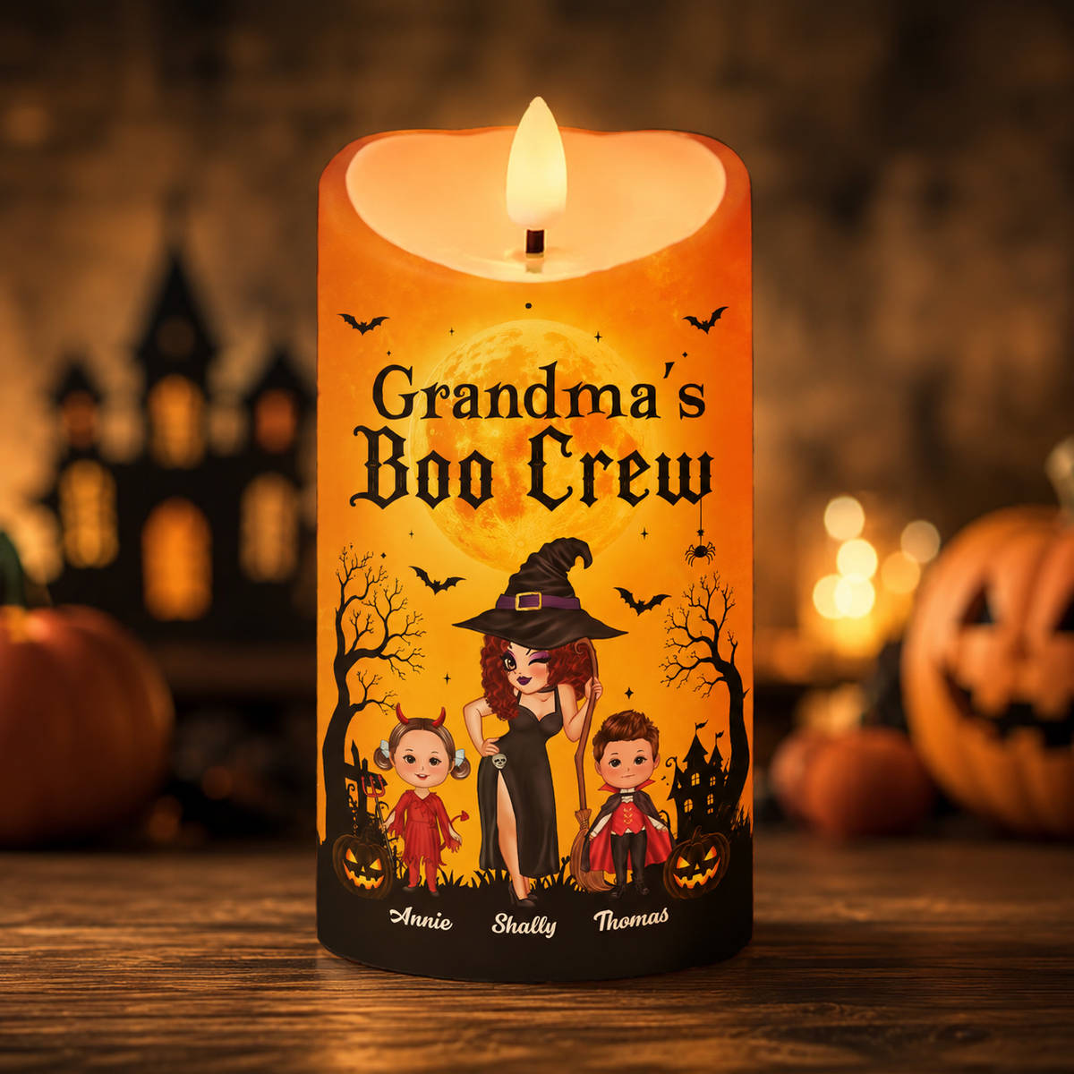 Grandma's Boo Crew Grandma Pretty Witch & Kids - Personalized LED Candle - Perfect Halloween Decor for Grandma