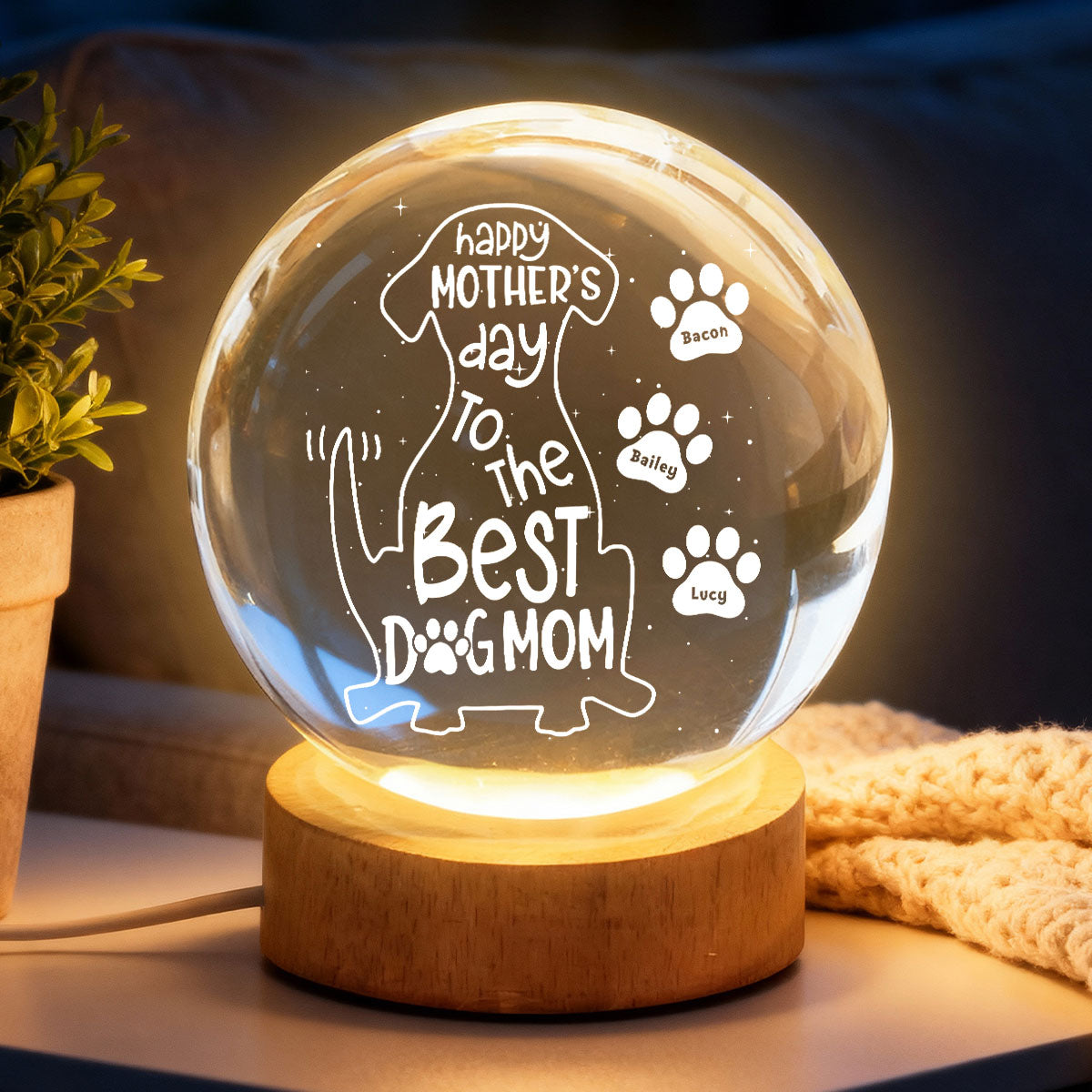 Happy Mother's Day Dog Mom - Personalized Crystal Ball LED Night Light - Heartfelt Mother's Day Gift for Wife