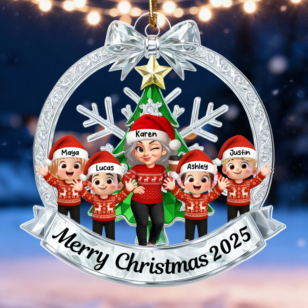 Grandma Grandkids Sitting on Christmas Wreath Metallic Effect - Personalized Acrylic Ornament - Christmas Gift for Grandma