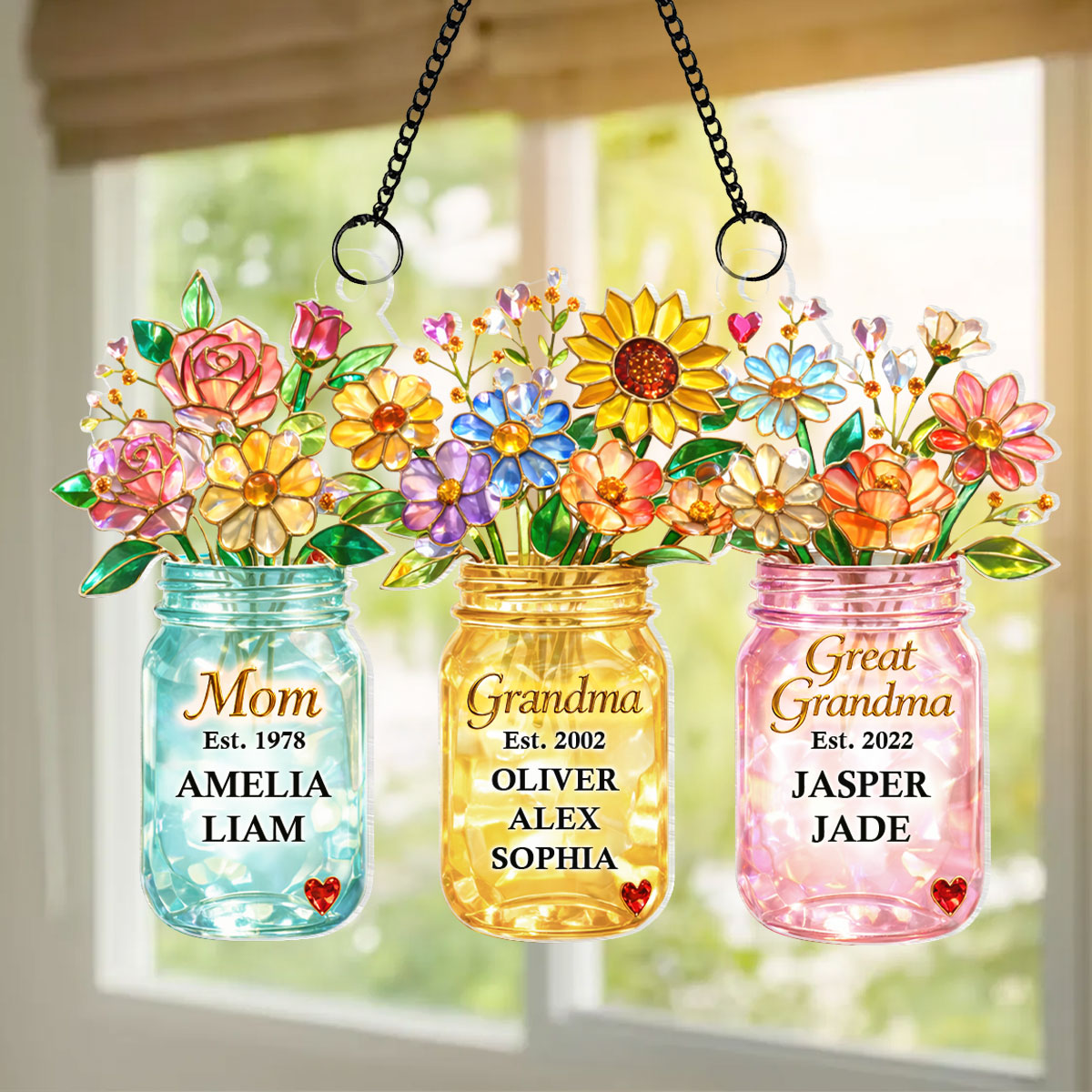 Mom Grandma Greatgrandma Flower - Personalized Suncatcher - Heartfelt Gift for Mom, Grandma