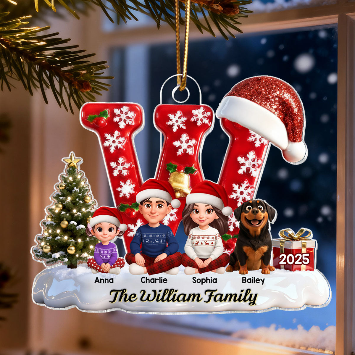 3D Effect Christmas Festive Family Name Initial Beautiful Family Together - Personalized Acrylic Ornament - Gift For Family