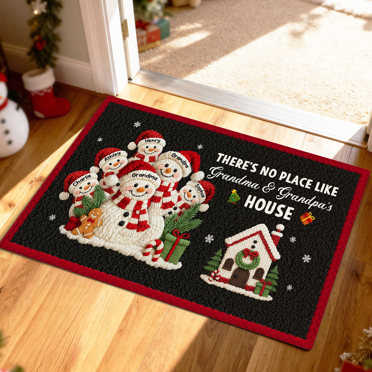 No Place Like Grandma Grandpa Snowman Latch Hook Yarn Faux - Personalized Doormat - Festive Christmas Decor for Grandparents
