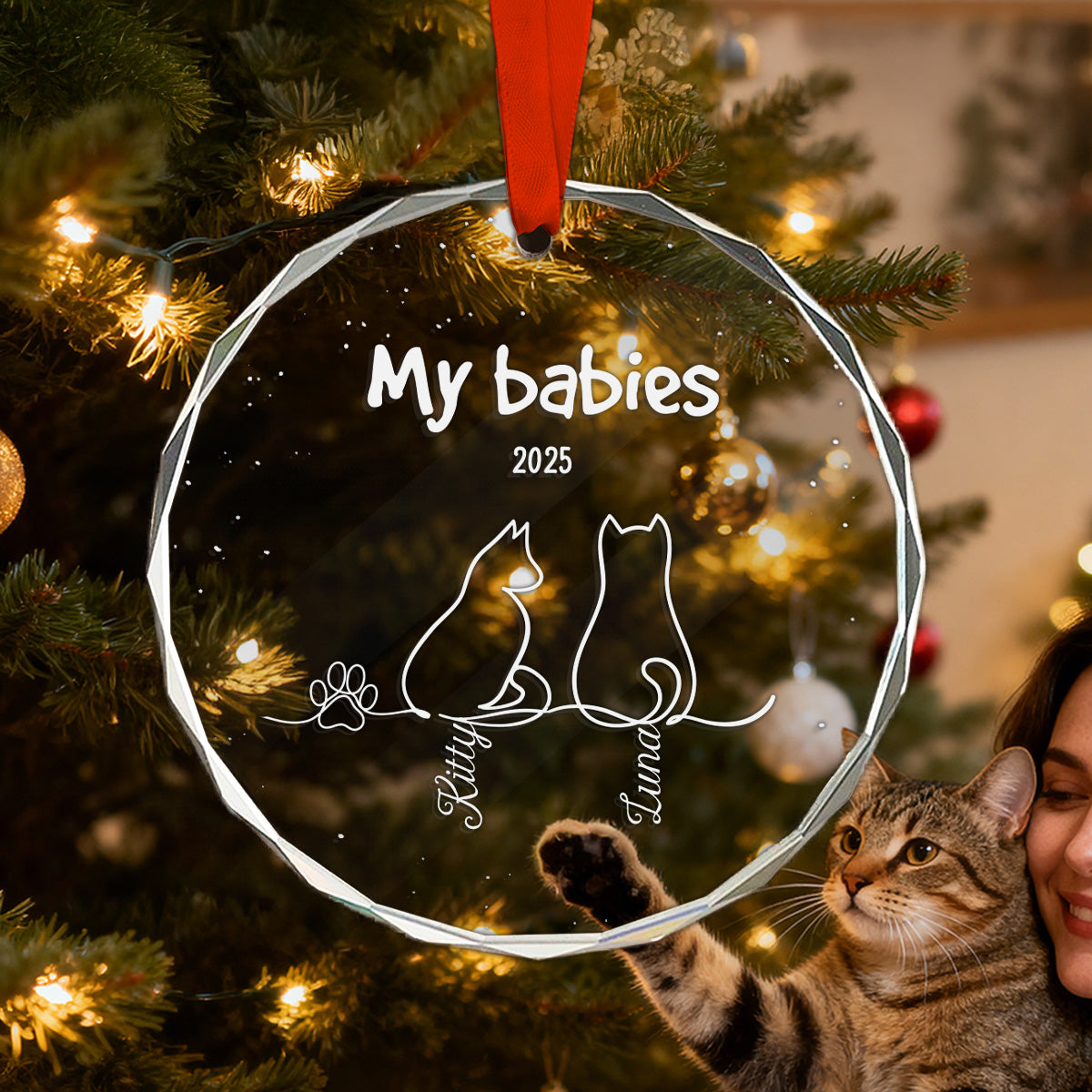 My Babies Cat Line Art - Personalized Glass Ornament - Christmas Ornament For Cat Lovers