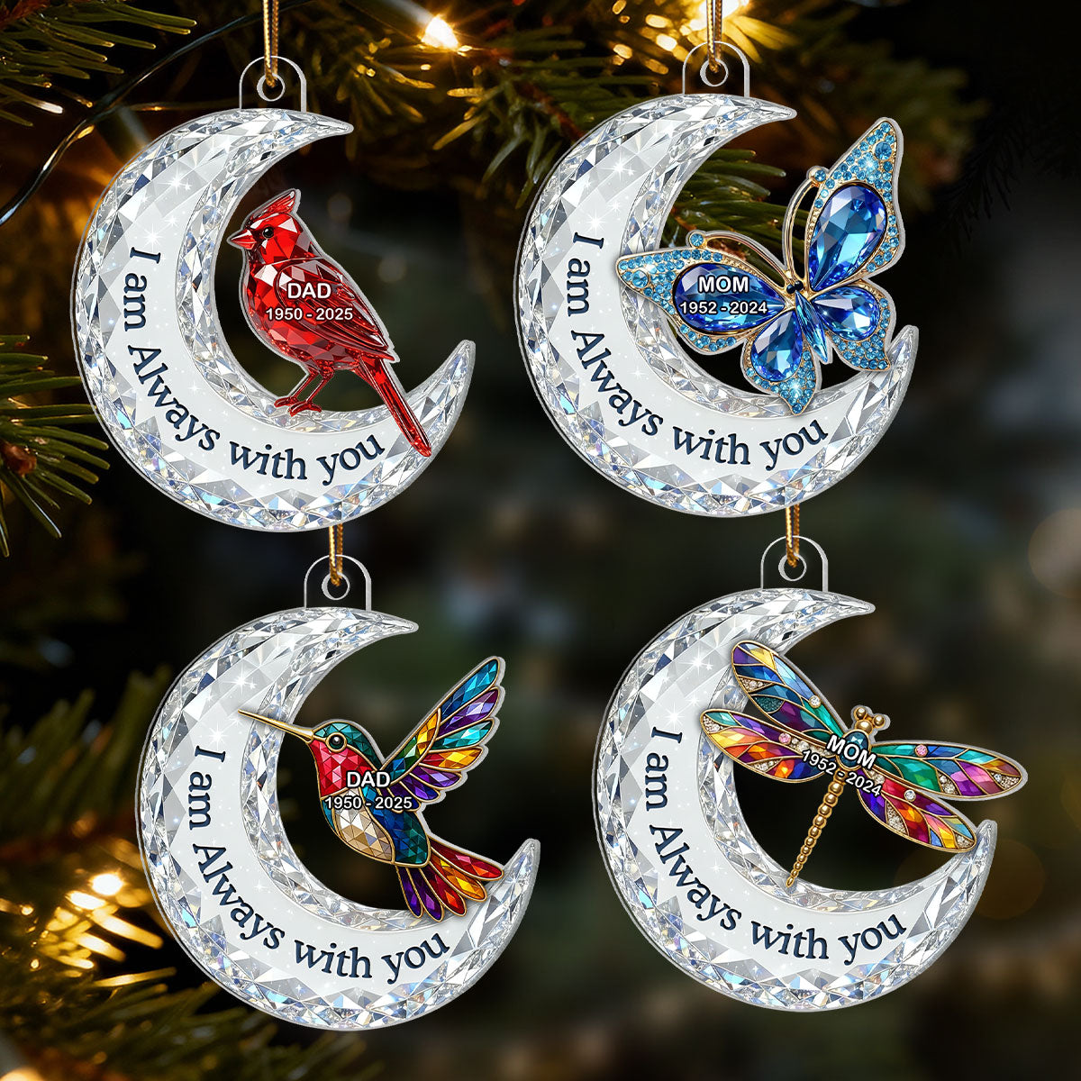 3D Effect Flat Christmas Cardinal On Moon Memorial - Personalized Acrylic Ornament - Remembrance Gift, Sympathy Gift