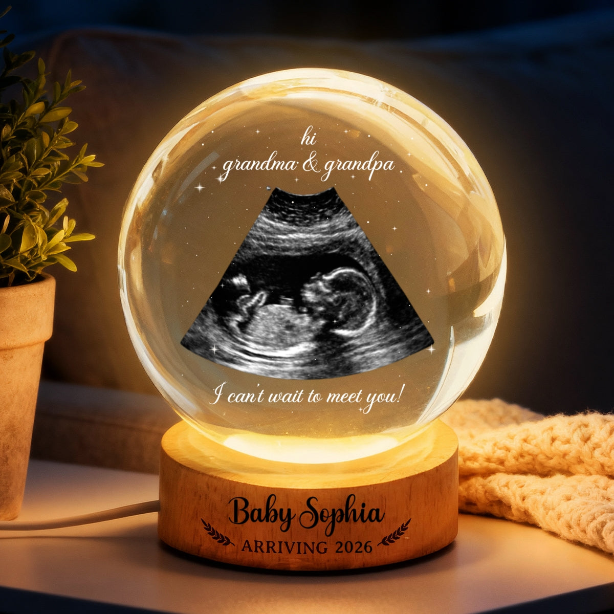 Baby Arriving Custom Baby Ultrasound - Personalized Crystal Ball LED Night Light - Pregnancy Reveal, Mother's Day Gift for 1st Time Grandma