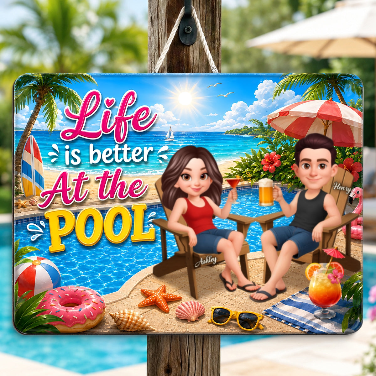 Life is Better at the Pool Summer Couple - Personalized Wood Sign - Summer Decor, Summer Housewarming Gift