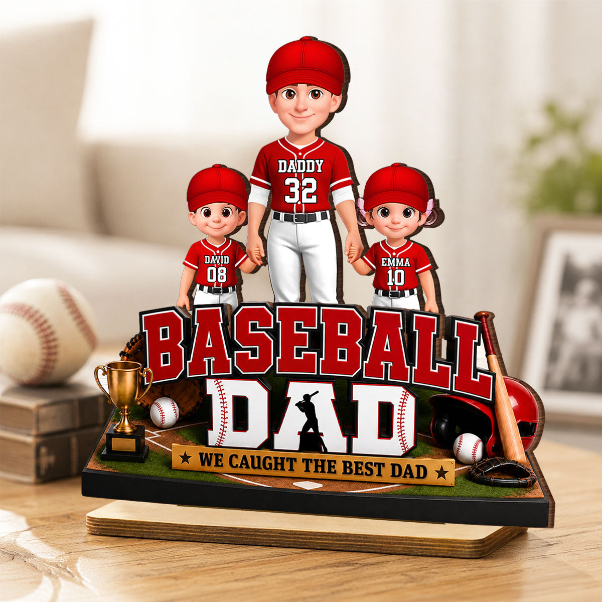 The Best Catch Baseball Dad & Kids - Personalized 2-Layered Wooden Plaque - Heartfelt Gift For Dad, Husband