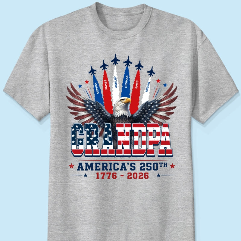 Proud Grandpa Dad Bald Eagle Jets Smoke Custom Kid Name - Personalized Shirt - American 250th Anniversary Keepsake For Husband, Dad, Grandpa