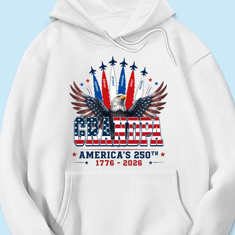 Proud Grandpa Dad Bald Eagle Jets Smoke Custom Kid Name - Personalized Shirt - American 250th Anniversary Keepsake For Husband, Dad, Grandpa