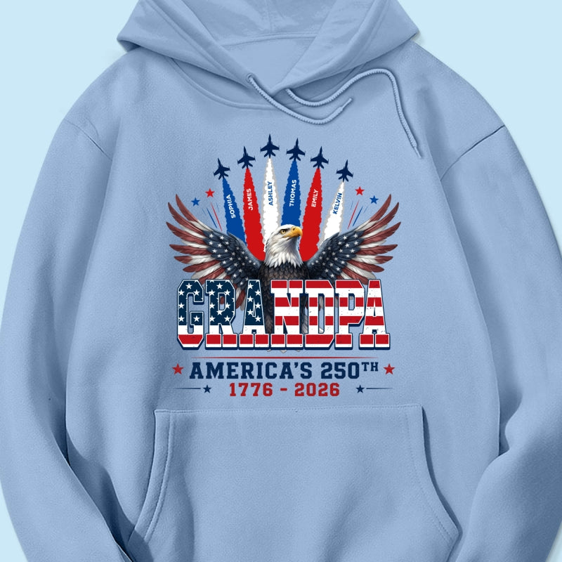 Proud Grandpa Dad Bald Eagle Jets Smoke Custom Kid Name - Personalized Shirt - American 250th Anniversary Keepsake For Husband, Dad, Grandpa