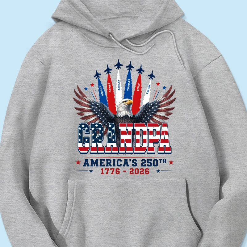 Proud Grandpa Dad Bald Eagle Jets Smoke Custom Kid Name - Personalized Shirt - American 250th Anniversary Keepsake For Husband, Dad, Grandpa
