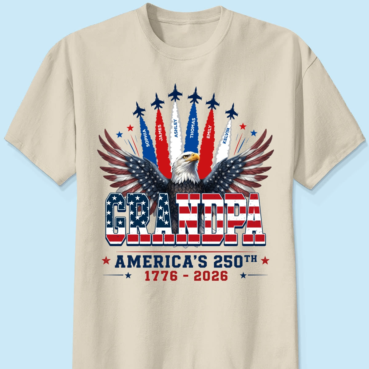 Proud Grandpa Dad Bald Eagle Jets Smoke Custom Kid Name - Personalized Shirt - American 250th Anniversary Keepsake For Husband, Dad, Grandpa
