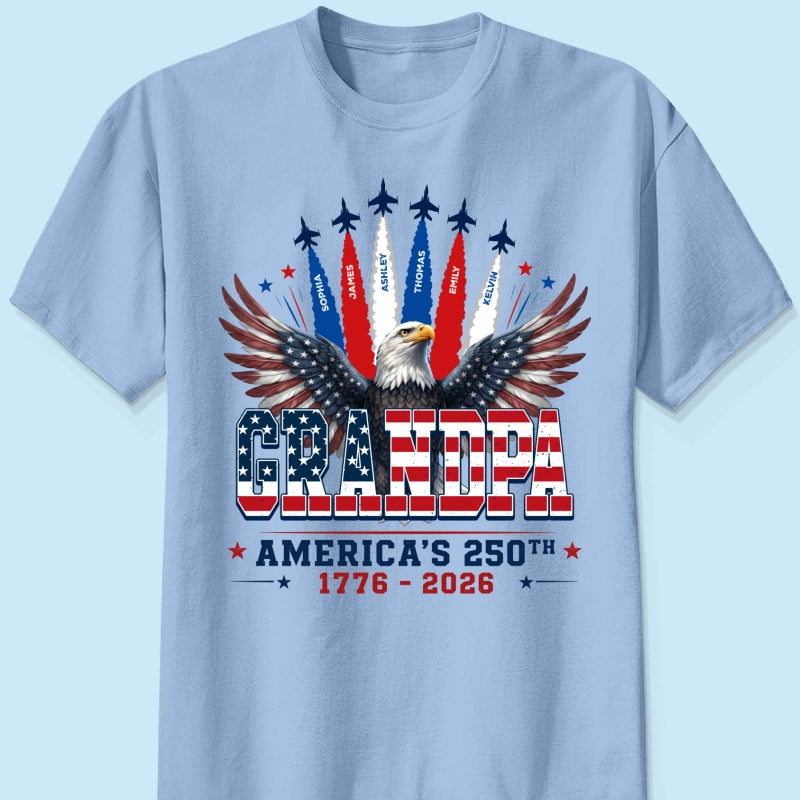Proud Grandpa Dad Bald Eagle Jets Smoke Custom Kid Name - Personalized Shirt - American 250th Anniversary Keepsake For Husband, Dad, Grandpa