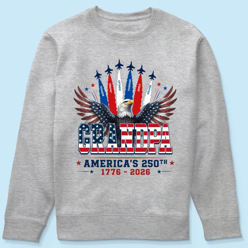 Proud Grandpa Dad Bald Eagle Jets Smoke Custom Kid Name - Personalized Shirt - American 250th Anniversary Keepsake For Husband, Dad, Grandpa
