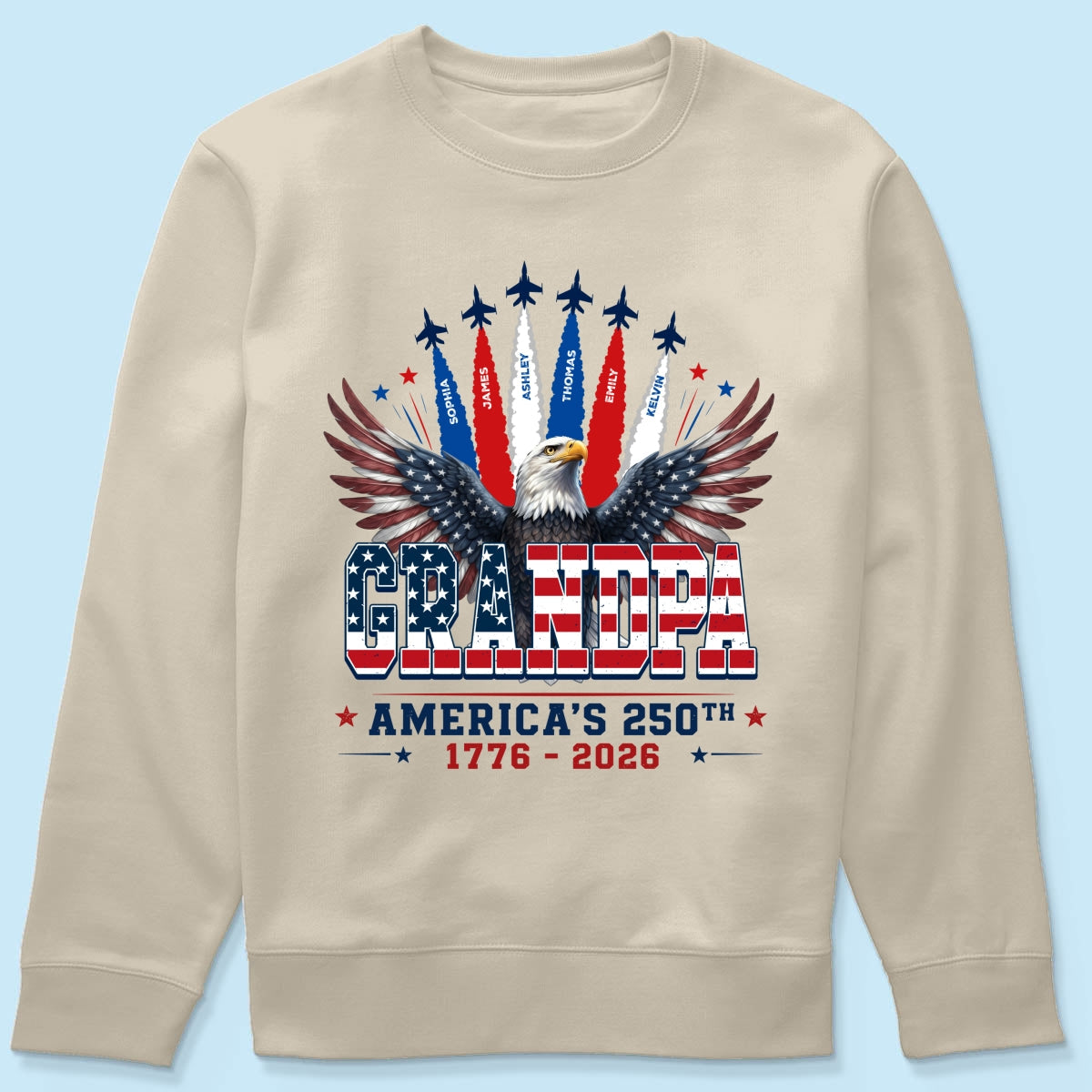 Proud Grandpa Dad Bald Eagle Jets Smoke Custom Kid Name - Personalized Shirt - American 250th Anniversary Keepsake For Husband, Dad, Grandpa